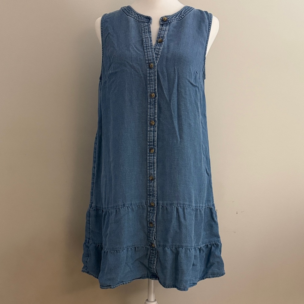 Loft Women's Small Denim Linen Blend Sleeveless Tiered Midi Dress